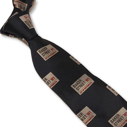 navy blue tie with sherlock holmes baker street print design